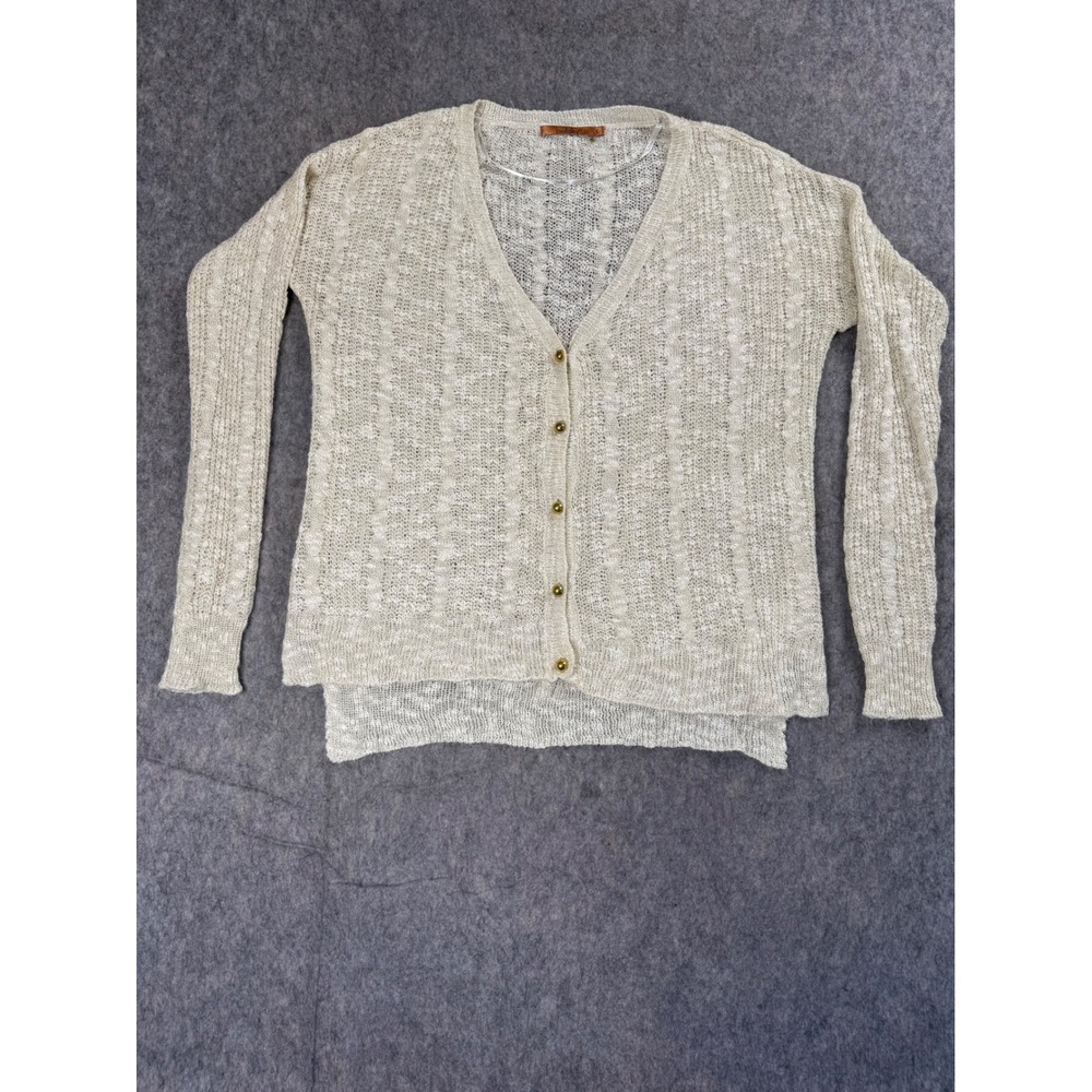 Belldini Cardigan Sweater Womens L Beige Lurex Knit V-Neck Metallic Preppy Boho